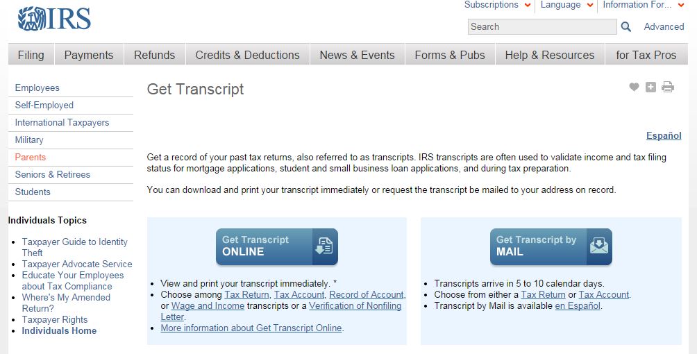 irs transcript page